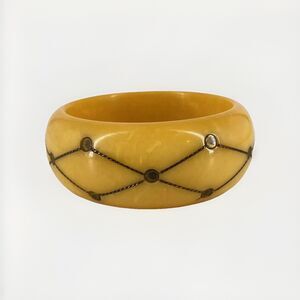 Vintage Butterscotch Bakelite Bangle Carved w Brass Inlay Dots Art Deco